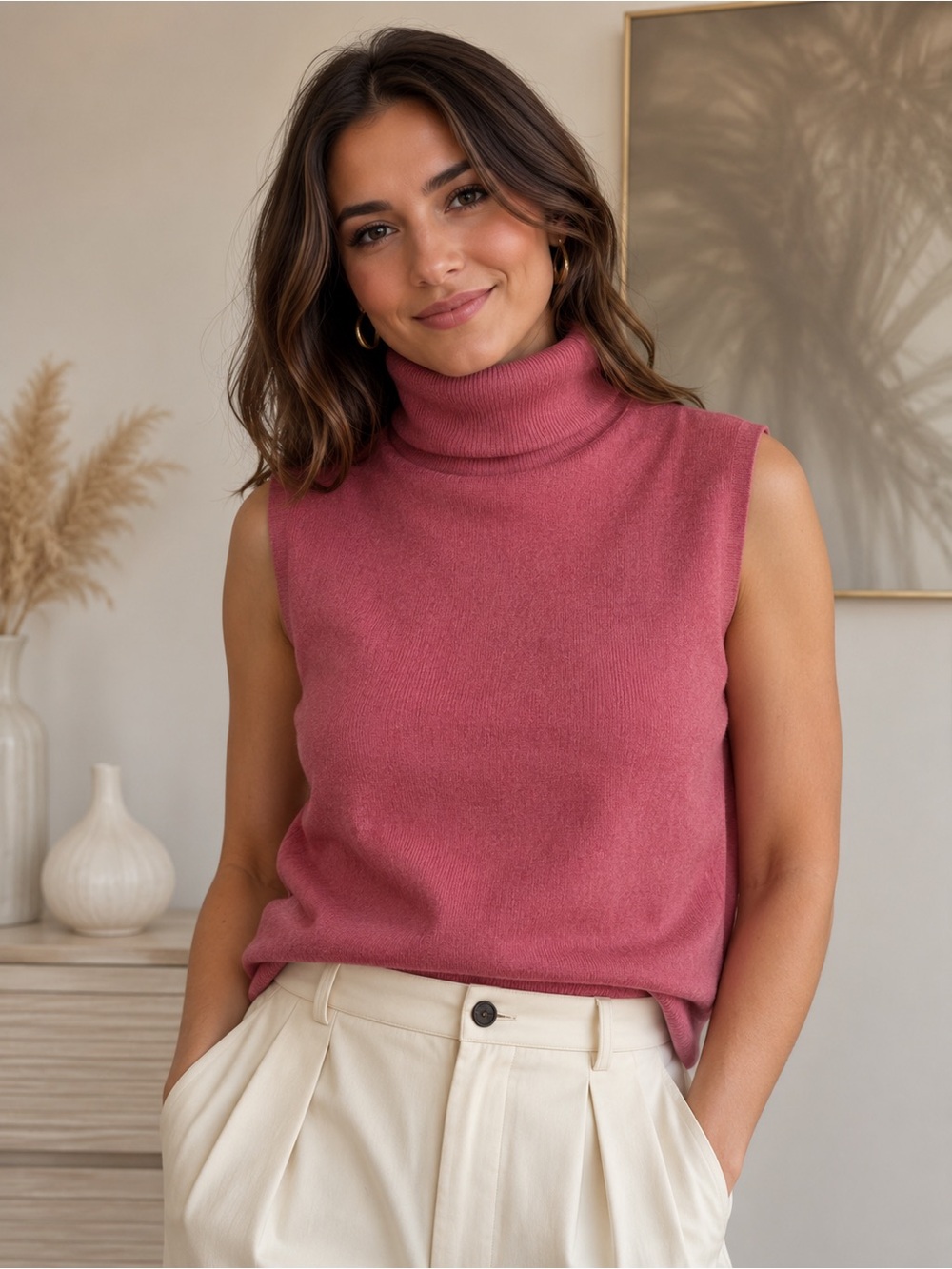 Dana Buchman 100% Cashmere Sleeveless Turtleneck Sweater - Rose